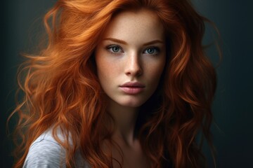 a macro close-up studio fashion portrait of a face of a young redhead woman with perfect skin, red hair and immaculate make-up. Skin beauty and hormonal female health concept