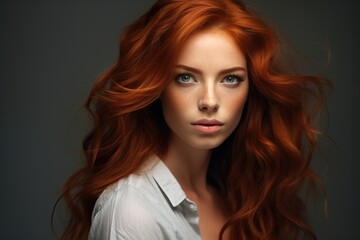 Fototapeta premium a macro close-up studio fashion portrait of a face of a young redhead woman with perfect skin, red hair and immaculate make-up. Skin beauty and hormonal female health concept