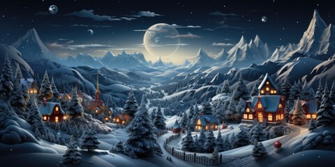 Cute Christmas houses in snowy village. Pastel winter wonderland. Concept of festive holiday charm.