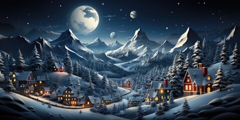 Cute Christmas houses in snowy village. Pastel winter wonderland. Concept of festive holiday charm.