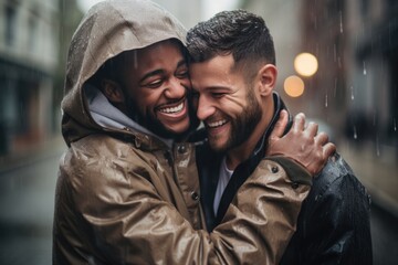 Gay couple cuddling and laughing in front of brick wall - obrazy, fototapety, plakaty