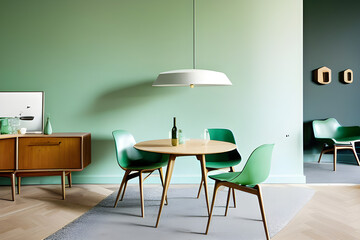 Naklejka premium Mint color chairs at round wooden dining table in room with sofa and cabinet near green wall. Scandinavian, mid-century home interior design of modern living room. Generative AI