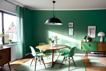 Mint color chairs at round wooden dining table in room with sofa and cabinet near green wall. Scandinavian, mid-century home interior design of modern living room. Generative AI