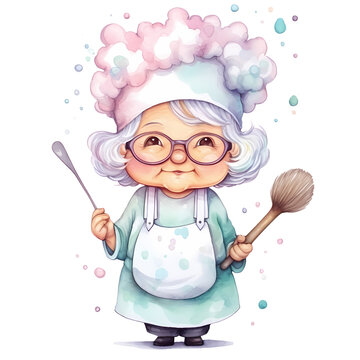 Cute Grandma Chef Watercolor Clipart Illustration