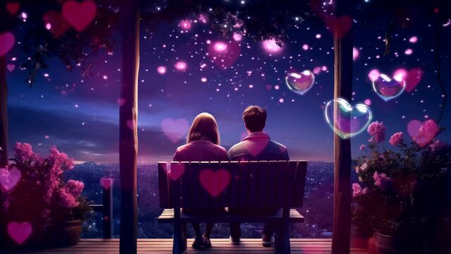 a couple watch falling star in night sit on bench, romantic moment video background anime style cartoon