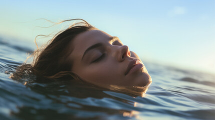 Femme fermant les yeux dans l'océan. Tête flottant sur la surface de la mer. Ambiance calme, reposante. Reflet du soleil dans l'eau.