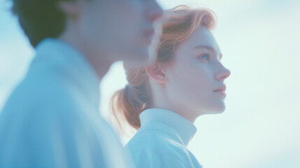 Gros plan sur un homme et une femme de profil. regardant l'horizon. Ambiance épurée, blanche, claire. Pour conception et création graphique.