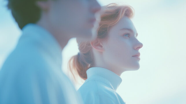 Fototapeta Gros plan sur un homme et une femme de profil. regardant l'horizon. Ambiance épurée, blanche, claire. Pour conception et création graphique.
