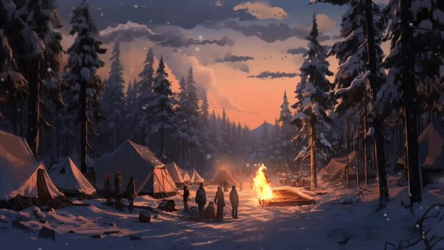 camping in the mountains during winter and snowfall. seamless looping virtual video animation background, anime style. Generated with AI