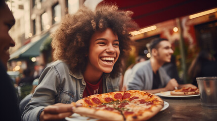 friends eating pizza in restaurant, ai generated