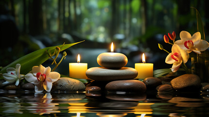 the surface of the water is reflected by the color of candles and flowers which is towards yellow and green. AI generative