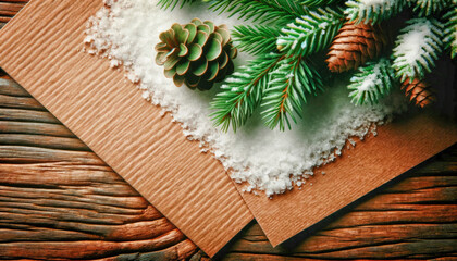 A rustic Christmas scene with pine cones, fir branches, and snow on a vintage wooden background. Generative ai.
