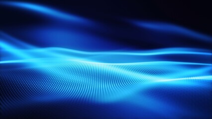 Abstract digital particle wave and light abstract background. Technology digital wave background concept. abstract motion wave blue dots with glowing defocused particles background.