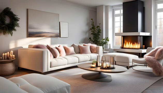 Cozy modern room design with white sofa and fireplace, cozy peaceful atmosphere of a beautiful home, modern space design,