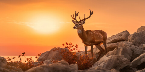 Proud deer on a rock, its silhouette striking against the orange glow of a setting sun