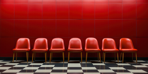 Fototapeta premium Red chairs pop in an empty hall with a checkered floor and warm, wooden wall background