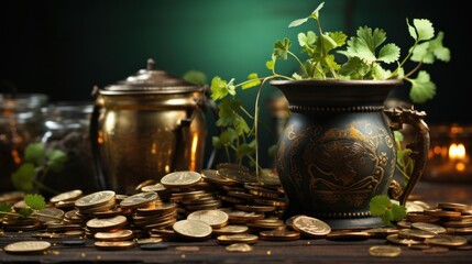 St.Patrick 's Day. Barrel with coins and clover and a pile of gold coins .