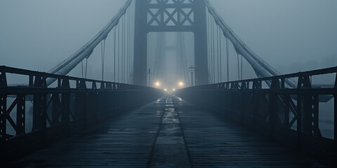 The eerie silhouette of a suspension bridge emerges through dense fog and rain