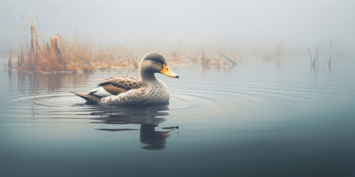 On a misty grey lake, a lone duck paddles gently, creating ripples
