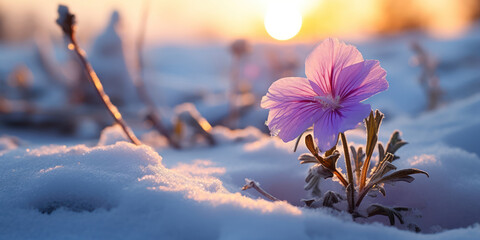 The resilience of a purple flower, standing out in a snowy landscape at dawn - obrazy, fototapety, plakaty