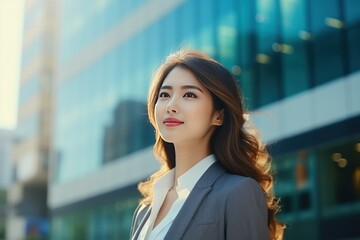 Obraz premium Business woman in suit standing in front of skyscraper under blue sky. Generative AI.