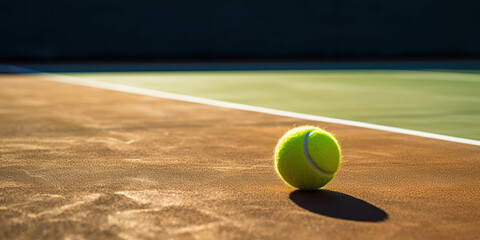 Solitary tennis ball rests on the vibrant green surface of a sunlit tennis court - obrazy, fototapety, plakaty