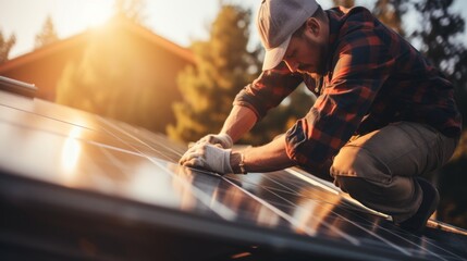 Close up photo of a handyman installing solar panels on the roof. Generative AI.