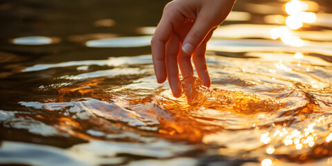 The tranquil act of a finger tracing patterns on the shimmering surface of a gently flowing river