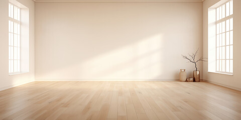 Fototapeta na wymiar Spacious empty room with polished wooden flooring, walls bathed in a warm cream hue