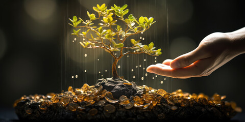 The nurturing touch of a hand on a tiny tree emerging from coin stacks, representing financial growth and environmental care - obrazy, fototapety, plakaty