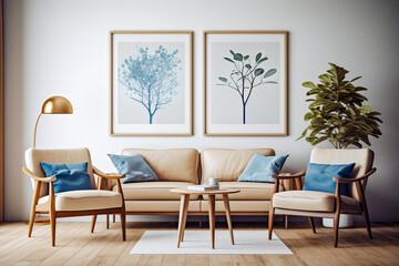 Modern living room with upholstered 3 piece suite and coffee table set against a pale grey wall with floral wall art contemporary interior room design mock up