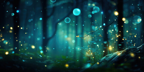 Blue lights and gold sparkles create a dreamy bokeh effect, contrasting with a deep forest green background