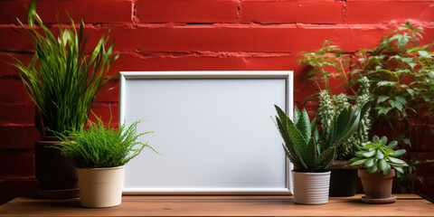 Blank frame surrounded by vibrant green plants, set against a backdrop of rustic brick red