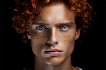 Portrait of a red-haired young man on a black background. close-up, detailed portrait