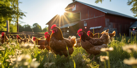 Group of chickens enjoys the warm sunshine, grazing near an old barn on a pastoral farm