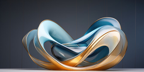 An abstract sculpture in hues of blue and gold, highlighted by the soft ambient light of a grey background - obrazy, fototapety, plakaty