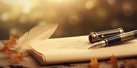 The elegance of a fountain pen lying on an antique paper, hinting at the start of a story - obrazy, fototapety, plakaty