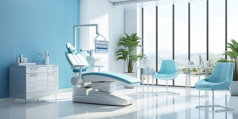 Modern dental room with sleek design, set against calming light blue walls