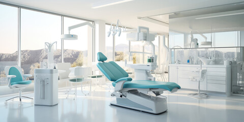 The professional setting of a dentist room, accented by clean, white walls and advanced dental equipment