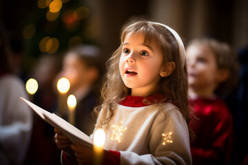 Inspired children sing carols in church on Christmas Eve.  - obrazy, fototapety, plakaty