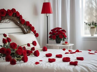 A lot of scattered red roses on the bed in a bright living room for a couple in love