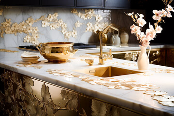 exquisite expensive kitchen made of marble, mother of pearl and gold with inlay . floral design and fine workmanship 