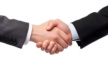 A handshake between two businessmen wearing suits isolated on a transparent background.