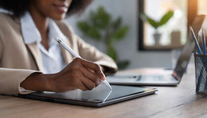 businesswoman confidently signs on a digital tablet, symbolizing efficiency, modernity, and seamless online transactions in a professional setting
