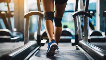 woman's legs in motion on a treadmill, exercising with determination and focus - obrazy, fototapety, plakaty