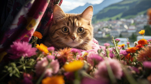 cat and flowers HD 8K wallpaper Stock Photographic Image 