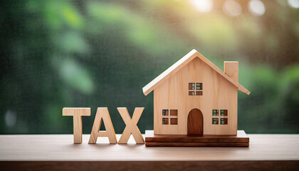 Wooden model representing property tax on a tabletop, symbolizing financial planning, real estate, and business investments