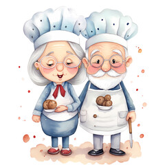 Cute Grandparents Chef Watercolor Clipart Illustration