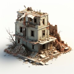 Ruined building isolated in white background