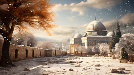 Naklejka premium Beautiful picture of Al-Aqsa mosque in winter with the snow